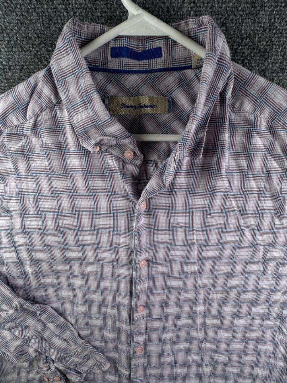 Tommy Bahama Cotton Silk Button Up Shirt Long Sleeve Hawaii Purple Plaid XL